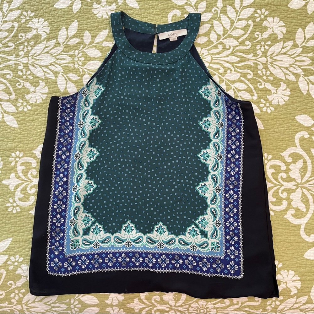 Loft Blouse Sleeveless Double Button Halter Neck Small Blue and Green - EUC
